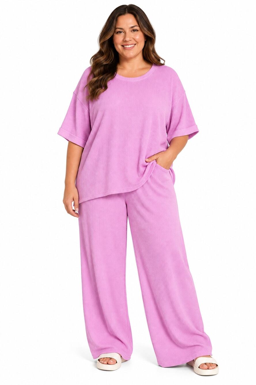 Zenana Spring Violet Ribbed Two-Piece Wide Leg Lounge Set - 1X